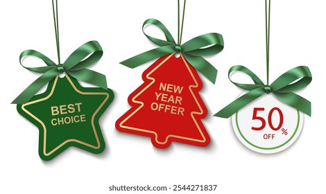 Set of New Year or Christmas sale price tags with green ribbon and green bow isolated on white background. Best choice, New year offer labels. Vector stock illustration. Winter holiday decoration