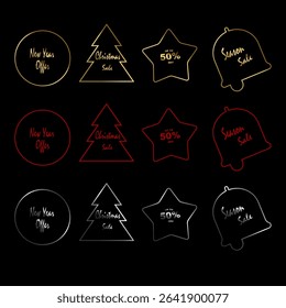 Set of New Year or Christmas sale price tags in three colors isolated on black background. Best selection, New year offer labels. Vector stock illustration. Winter holiday decoration
