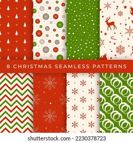 Set of New Year and Christmas seamless patterns in red and green colors. Stylish fashion backgrounds. Stock vector illustration