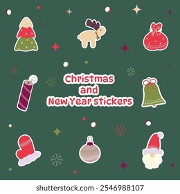 set of New Year and Christmas stickers from deer, fir tree, cracker, fireworks, Christmas ball, mittens, Santa Claus, bell. for social networks, decor, design, decorations, patterns, logos