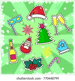Set of New Year and Christmas stickers, badges, pins, and patches with champagne, Santa Claus hat, mask, Christmas tree, mitten, glasses, snowflake and candy cane.