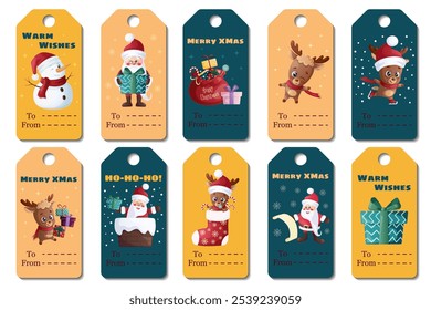 A set of New Year and Christmas tags. Funny Santa Claus, happy cute reindeer and a snowman. Vector illustration
