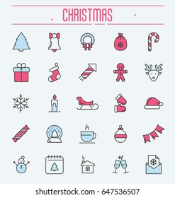 Set of new year and christmas thin line icons. Vector illustration.