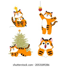 Set of new year christmas tiger. Cartoon cute predatory cat. Lion with a Christmas tree, a garland, a ball. Stock vector flat illustration isolated on white background. 