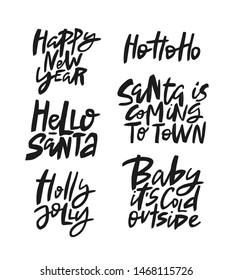 Set of New Year and Christmas vector brush lettering quotes. Handwritten Christmas typography print for flyer, poster, card, banner. Hand drawn decorative design element.