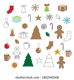 Set of New Year and Christmas, vector illustration, doodles, color pictures and stylized cookies, hand drawing