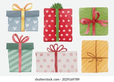 Set of new year and Christmas watercolor gift boxes for celebrate