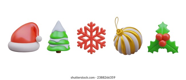 Set of New Year colored illustrations. Red hat of Santa Claus, snowy Christmas tree, red snowflake, glass ball, holly berries. Cute isolated vector 3D image