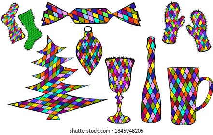 Set of new year colorful mosaic elements by form in rhombus