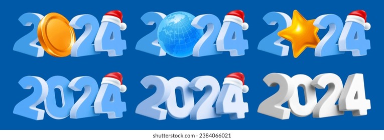 Set of new year creative designs with 3d realistic isolated numbers 2024 in light blue and white colors, with gold coin, star, globe. Santa hat slip on the number 4. Vector illustration