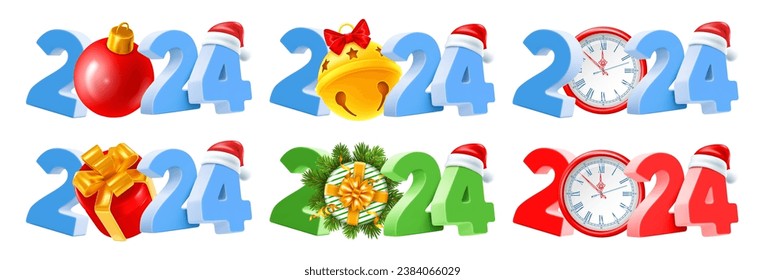 Conjunto de diseños creativos de año nuevo con 3d números aislados realistas 2024 en colores azul, rojo y verde, con regalo, reloj, juguete de árbol de abetos. Sombrero de Santa sobre el número 4. Ilustración del vector