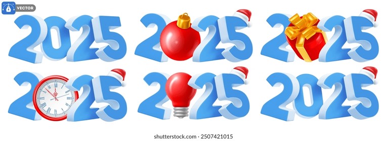 Set of New year creative logo with 3d realistic isolated numbers 2025 in blue colors, with gift, clock, fir tree ball and lamp. Santa hat on the number 5. Vector illustration