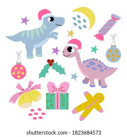 Set of New Year cute dinosaurs and Christmas elements on white background, in vector graphic. For the design wallpaper, postcards, posters, wrapping paper, cover prints, childrens clothing.