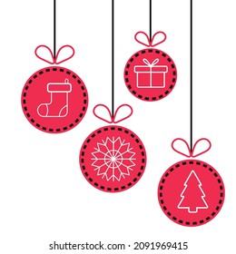 Set of new year decoration balls with gift box, fir tree, sock and snowflake icons. Christmas holiday card. Vector illustration.