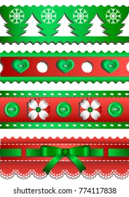 Set of New Year decorative festive scrapbook green-red elements with spruce, snowflake, lace and bow. Vector illustration.