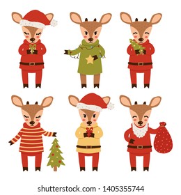 Set of new year deer isolated on white background. Deer with a bag of gifts, a Christmas tree and a garland. Cartoon characters. Vector illustration of hand-drawn flat