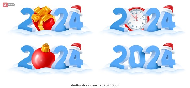 Set of new year designs with 3d realistic numbers 2024 with red gift box, christmas tree ball or clock in the snow. Santa hat slip on the number 4. Isolated on white background. Vector illustration