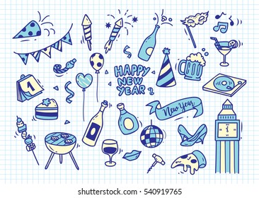 Conjunto de doodle de Año Nuevo sobre el fondo del papel