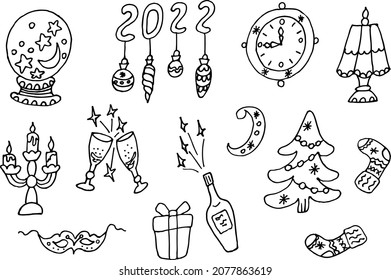  Juego de doodles de Año Nuevo. Ilustración vectorial.Dibujo manual.