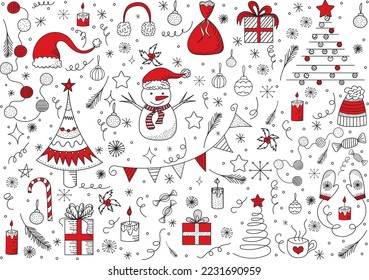 set of new year elements, christmas doodle sketch ,outline isolated vector