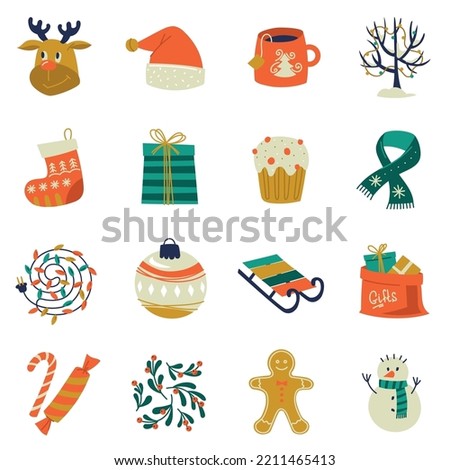 Set of New Year elements. Christmas paraphernalia. Vector image.