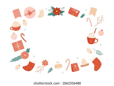 Set of New Year elements in frame border composition. Christmas greeting card, banner with gifts, hot drinks, envelope, socks, branches and festive objects. Vector illustration with copy space