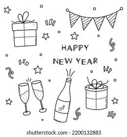 Set of new year elements. Hand drawing style. Gifts, champagne, glasses, flags. Black and white icons.