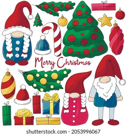 Set of New Year elements in handdrawn style. Gnomes in Santa Claus hats, Christmas tree, decorations, candy cane. Set of vector illustrations for your design