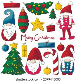 Set of New Year elements in handdrawn style. Gnomes in Santa Claus hats, Christmas tree, decorations, candy cane. Set of vector illustrations for your design. Sign, sticker, pin