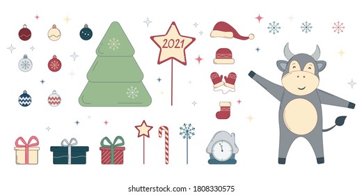 Set of new year elements isolated on white. Happy chinese new year 2021 of the ox. Symbol of the year. Vector illustration. Clip art for web card, poster, cover.