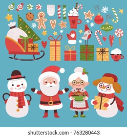 Set of New Year elements. Santa Claus and his friends, gifts, snowflakes, candy.