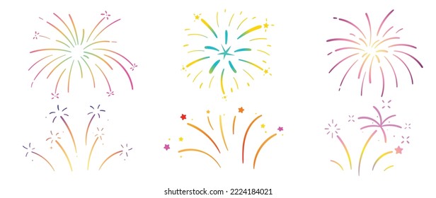 Set of new year festive firework vector illustration. Collection of vibrant colorful fireworks on white background. Art design suitable for decoration, print, poster, banner, wallpaper, card, cover.