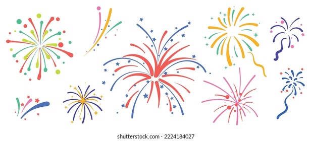 Set of new year festive firework vector illustration. Collection of vibrant colorful fireworks on white background. Art design suitable for decoration, print, poster, banner, wallpaper, card, cover.