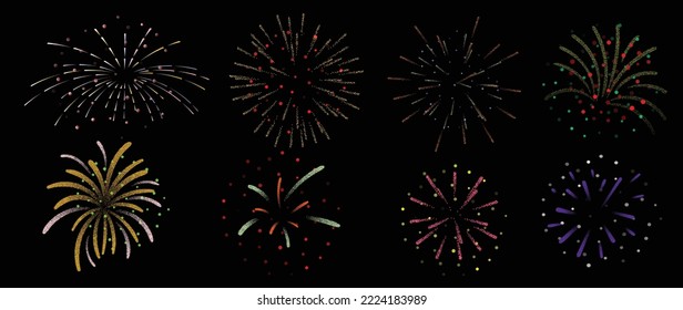 Set of new year firework vector illustration. Collection of glow vibrant colorful fireworks on black background. Art design suitable for decoration, print, poster, banner, wallpaper, card, cover.