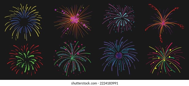 Set of new year firework vector illustration. Collection of glow vibrant colorful fireworks on black background. Art design suitable for decoration, print, poster, banner, wallpaper, card, cover.