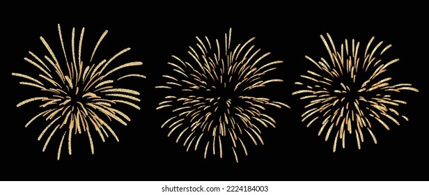 Set of new year firework vector illustration. Realistic collection of bright glow fireworks on black background. Art design suitable for decoration, print, poster, banner, wallpaper, card, cover.