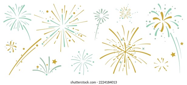 Set of new year firework vector illustration. Collection of golden, light green, grey fireworks on white background. Art design suitable for decoration, print, poster, banner, wallpaper, card, cover.