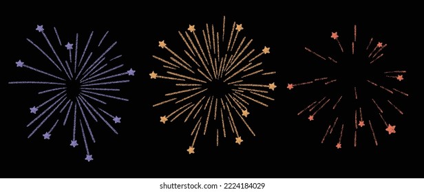 Set of new year firework vector illustration. Collection of bright glow golden fireworks, stars on black background. Art design suitable for decoration, print, poster, banner, wallpaper, card, cover.