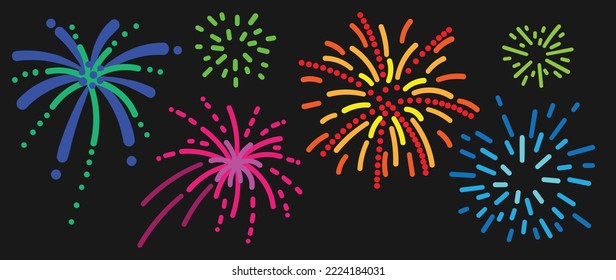 Set of new year firework vector illustration. Collection of glow vibrant colorful fireworks on black background. Art design suitable for decoration, print, poster, banner, wallpaper, card, cover.