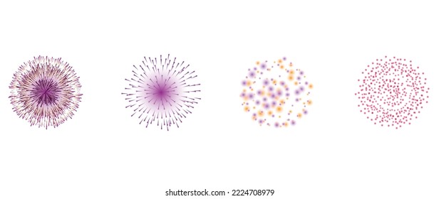 Set of new year firework vector illustration. Collection of vibrant colorful purple fireworks, burst circle shape. Art design suitable for decoration, print, poster, banner, wallpaper, card, cover.