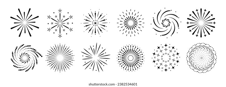 Conjunto de ilustración vectorial de fuegos artificiales de año nuevo. Colección de starburst negro, luz solar sobre fondo blanco. Diseño artístico adecuado para decoración, impresión, afiche, banner, papel pintado, tarjeta, portada, icono.