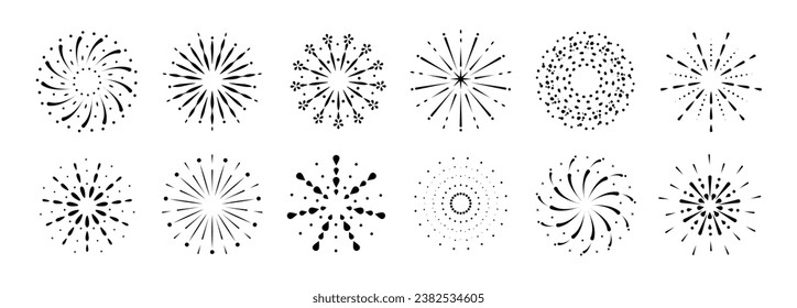 Set of new year firework vector illustration. Collection of black starburst, sunlight on white background. Art design suitable for decoration, print, poster, banner, wallpaper, card, cover, icon.