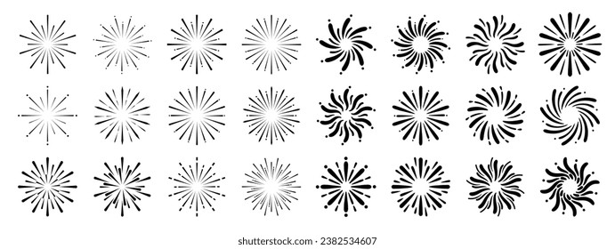 Set of new year firework vector illustration. Collection of black starburst, sunlight on white background. Art design suitable for decoration, print, poster, banner, wallpaper, card, cover, icon.