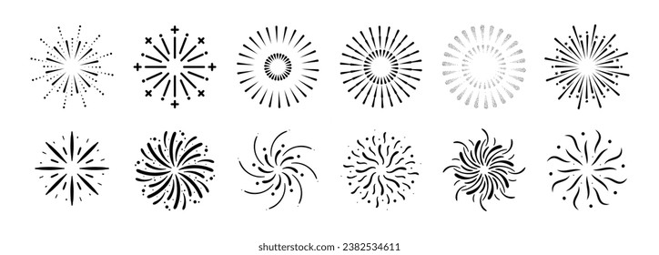 Conjunto de ilustración vectorial de fuegos artificiales de año nuevo. Colección de starburst negro, luz solar sobre fondo blanco. Diseño artístico adecuado para decoración, impresión, afiche, banner, papel pintado, tarjeta, portada, icono.