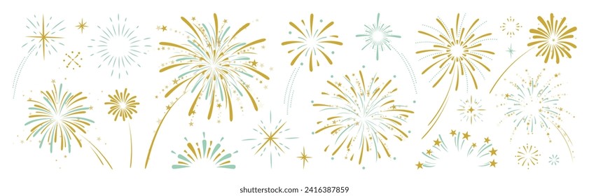 Set of new year firework vector illustration. Collection of golden, light green fireworks on white background. Art design suitable for decoration, print, poster, banner, wallpaper, card, cover.