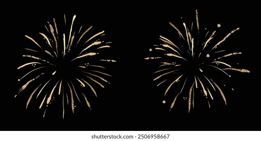 Set of new year firework vector illustration. Collection of golden fireworks, star, gold foil on dark background. Art design suitable for decoration, print, poster, banner, wallpaper, card, cover.