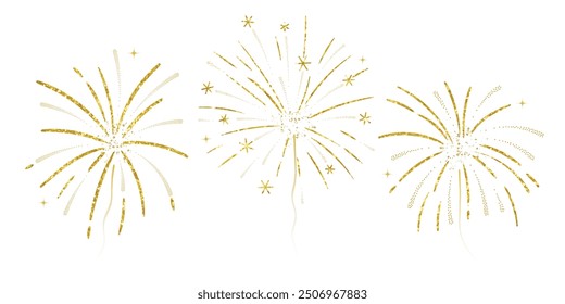 Set of new year firework vector illustration. Collection of golden fireworks, gold foil on white background. Art design suitable for decoration, print, poster, banner, wallpaper, card, cover.