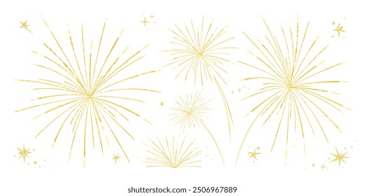 Conjunto de Ilustración vectorial de fuegos artificiales de año nuevo. Colección de fuegos artificiales de oro, lámina de oro sobre fondo blanco. Diseño de arte conveniente para la decoración, impresión, cartel, Anuncio, Fondo de pantalla, tarjeta, cubierta.