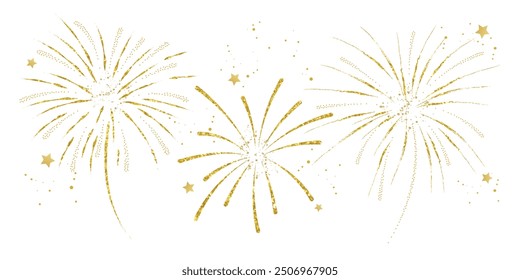 Set of new year firework vector illustration. Collection of golden fireworks, gold foil on white background. Art design suitable for decoration, print, poster, banner, wallpaper, card, cover.