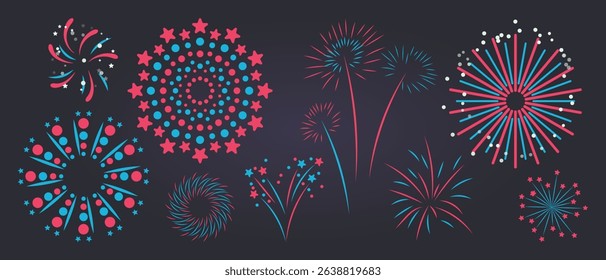 Set of new year firework vector illustration. Collection of glow vibrant colorful fireworks on dark background. Art design suitable for decoration, print, poster, banner, wallpaper, card, cover.